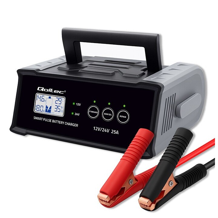 Qoltec 25A Cargador inteligente microprocesador 12V/24V con reparación para batería AGM GEL SLA negro