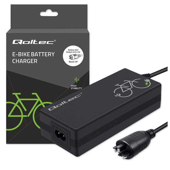 Qoltec Cargador rápido para bicicleta eléctrica 36V | 42V | 2A | enchufe Bosch 3Pin +cable de alimentación