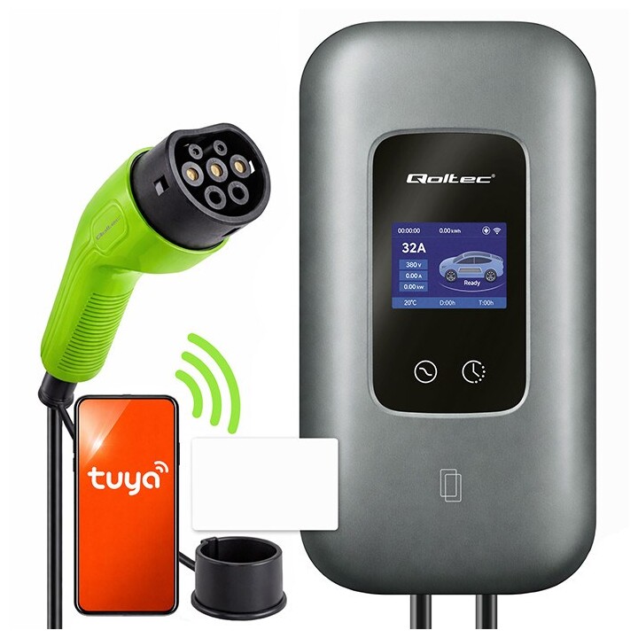 Qoltec Stacja ładowania EV Typ2 do samochodu elektrycznego i hybryd | 3 fazy | 22kW | 32A | Wi-fi | LCD | RFID | Smart life | TU