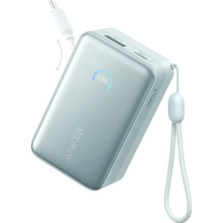 Power bank Anker Nano con ricarica rapida USB-A + USB-C da 10.000 mAh, colore blu, con cavo estensibile.