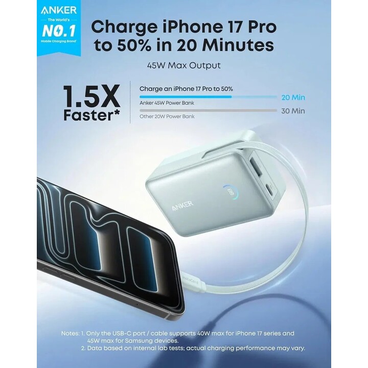 Power bank Anker Nano con ricarica rapida USB-A + USB-C da 10.000 mAh, colore blu, con cavo estensibile.