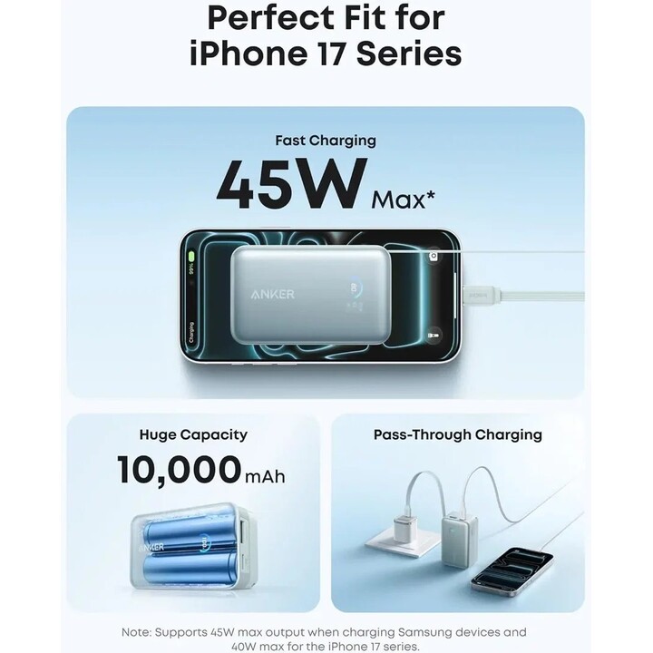 Power bank Anker Nano con ricarica rapida USB-A + USB-C da 10.000 mAh, colore blu, con cavo estensibile.