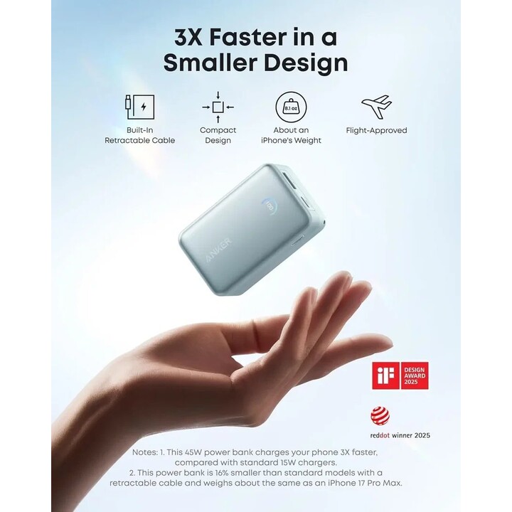 Power bank Anker Nano con ricarica rapida USB-A + USB-C da 10.000 mAh, colore blu, con cavo estensibile.
