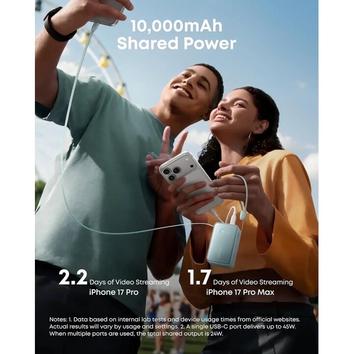 Power bank Anker Nano con ricarica rapida USB-A + USB-C da 10.000 mAh, colore blu, con cavo estensibile.