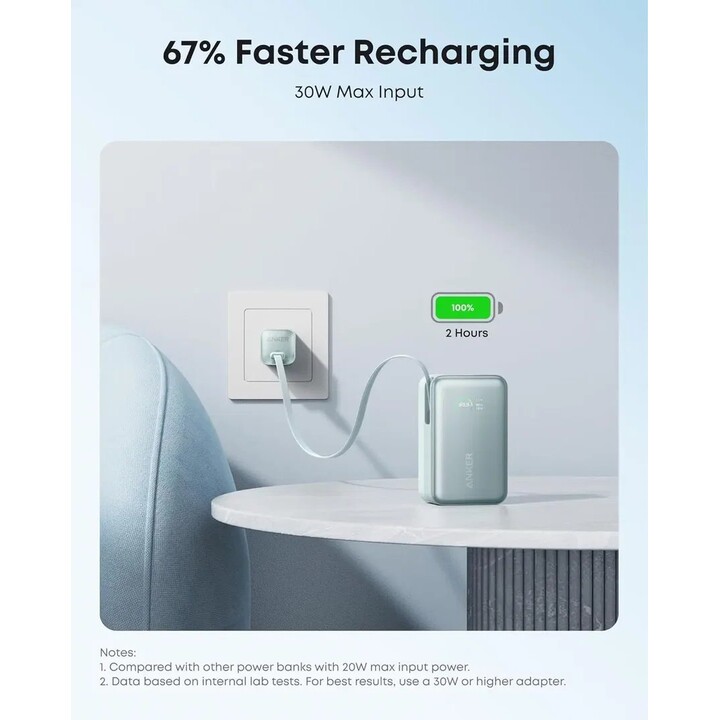 Power bank Anker Nano con ricarica rapida USB-A + USB-C da 10.000 mAh, colore blu, con cavo estensibile.