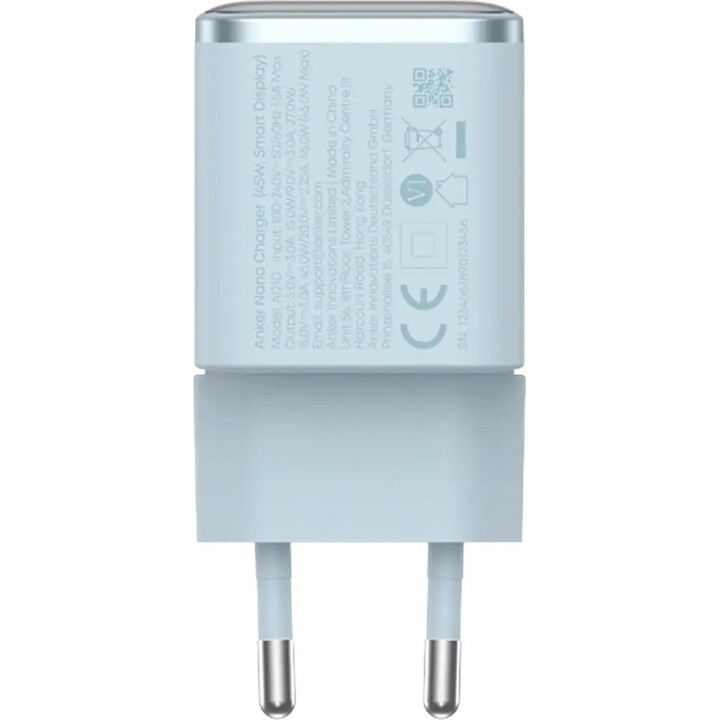 Anker Nano USB-C Cargador Rápido 45W con Display Azul Claro