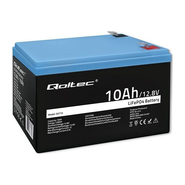 Batería de fosfato de hierro y litio LiFePO4 | 12,8 V | 10 Ah | 128 Wh | BMS