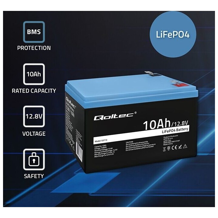 Batería de fosfato de hierro y litio LiFePO4 | 12,8 V | 10 Ah | 128 Wh | BMS