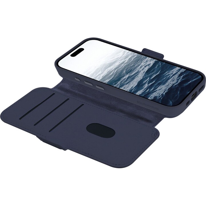 Dbramante1928 Funda para iPhone 17 Azul oscuro sólido, Cuero sintético, Diseño magnético extraíble 2 en 1