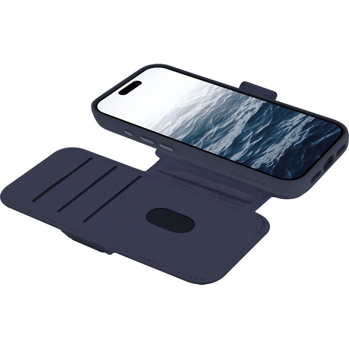 Dbramante1928 Funda para iPhone 17 Pro, Azul oscuro sólido, Cuero sintético, Diseño magnético extraíble 2 en 1