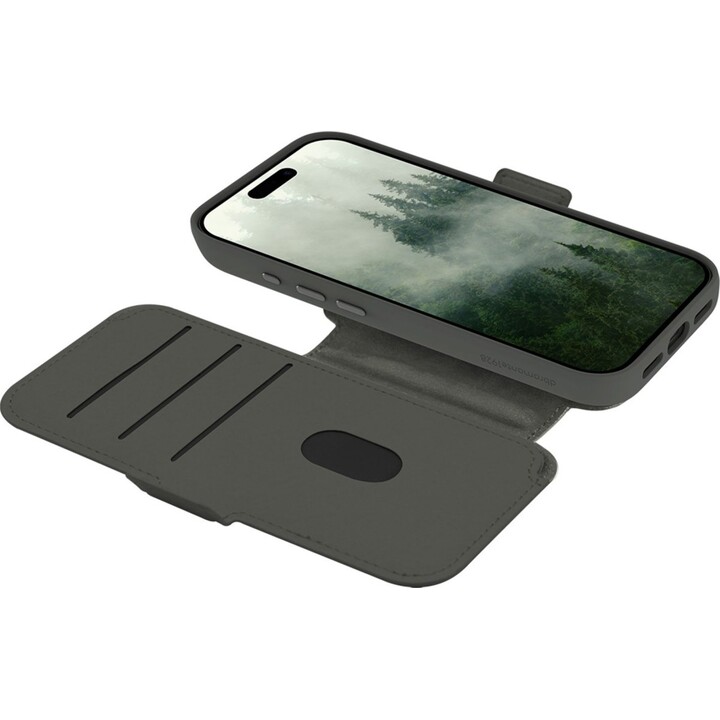 Dbramante1928 Bücherregal-Hülle für iPhone 17 Pro, einfarbiges Grün, Kunstleder, 2-in-1-magnetisches, abnehmbares Design