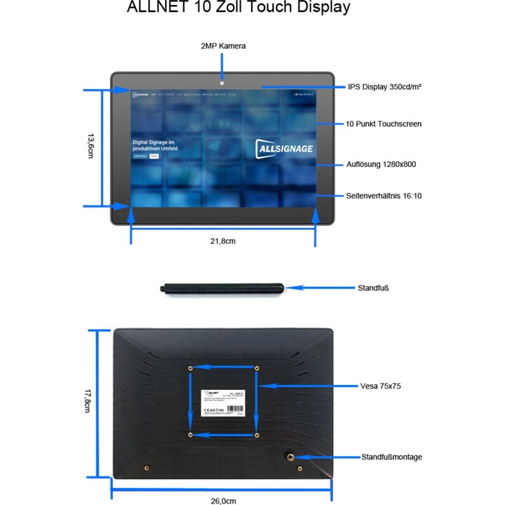Tablette tactile ALLNET 12 pouces PoE avec 8 Go/64 Go RK3568 Android 13, PrimeOne-120