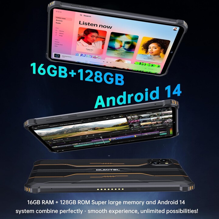 OUKITEL RT3 Pro, 16GB+128GB 1TB Expandable, Android 14, 8 Inch HD Display, 5150mAh, 16+8MP Camera, 4G Dual SIM, Orange