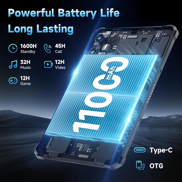 OUKITEL RT3 Plus, 16GB+128GB/TF 1TB, 4G Dual SIM, 5G WiFi, Android Tablet 15, 11000mAh, 8 Inch, 16MP, Gemin, Black