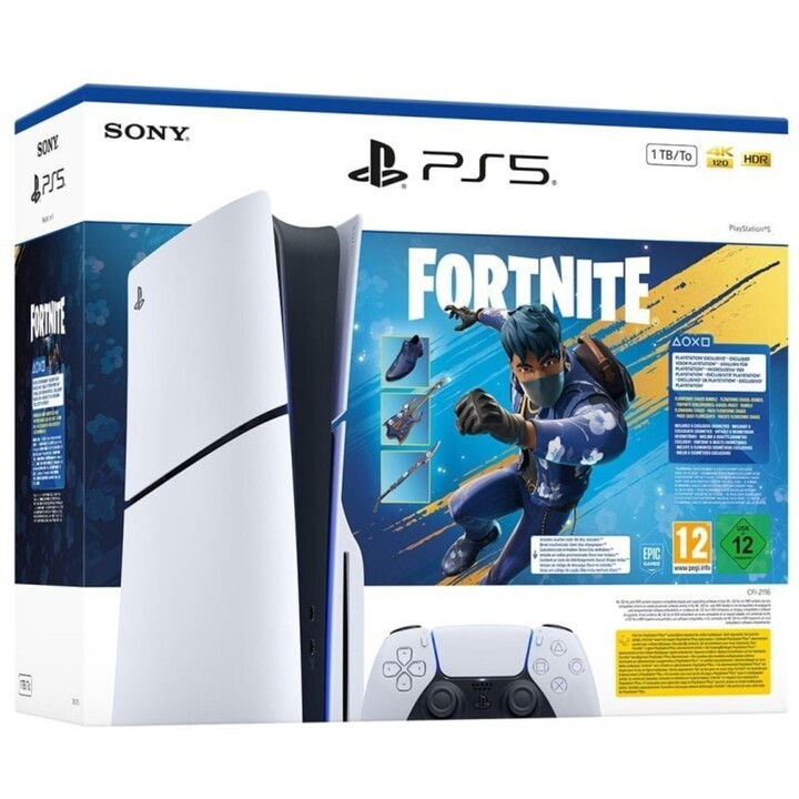 Sony PS5 Slim Estándar, 1 TB SSD, 4K, 1 controlador, Chasis E, Blanco + Fortnite Flowering Chao Pack