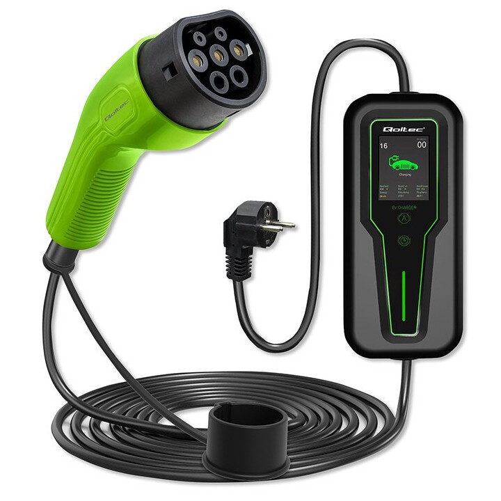 Cargador Móvil Qoltec 52465 Para Vehículos Eléctricos 2 En 1 Tipo 2 Con Regulación | 3,5 Kw | 230 V | Lcd | Portátil | Wallbox |