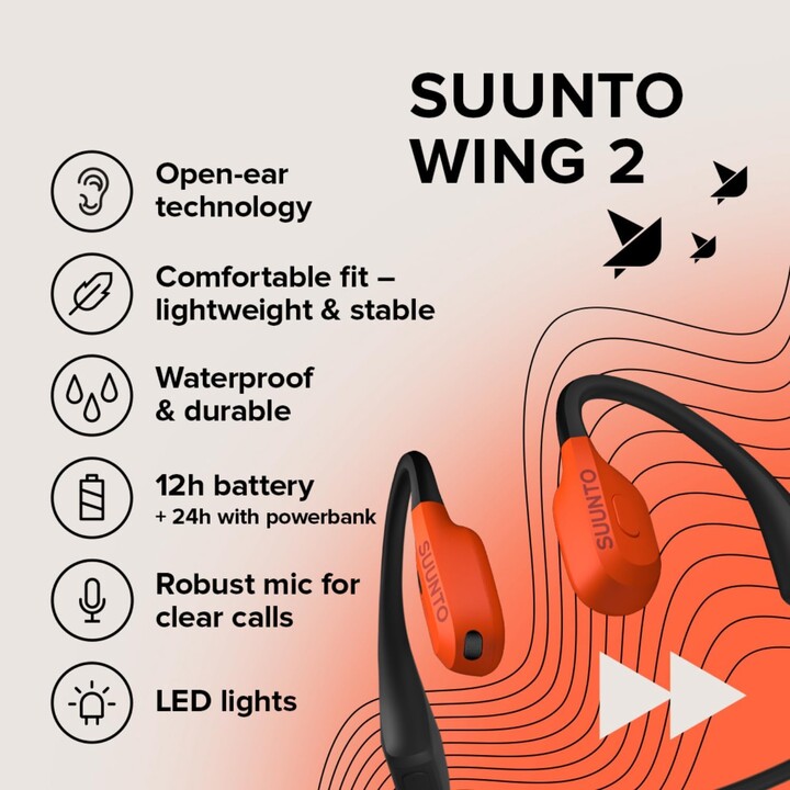 SUUNTO Wing 2 Auscultadores Bluetooth abertos, condução óssea, IP66, luzes de segurança inteligentes, autonomia de 12 horas, pre