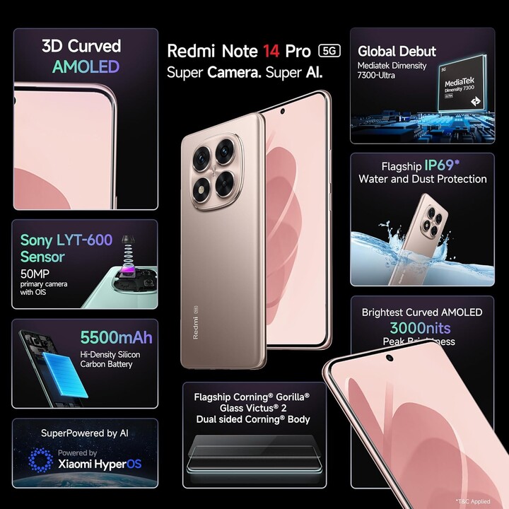 Xiaomi Redmi Note 14 Pro 5G, 12+512 Go, appareil photo AI 200MP, batterie 5110mAh, fonctionnalités AI, Sand Gold