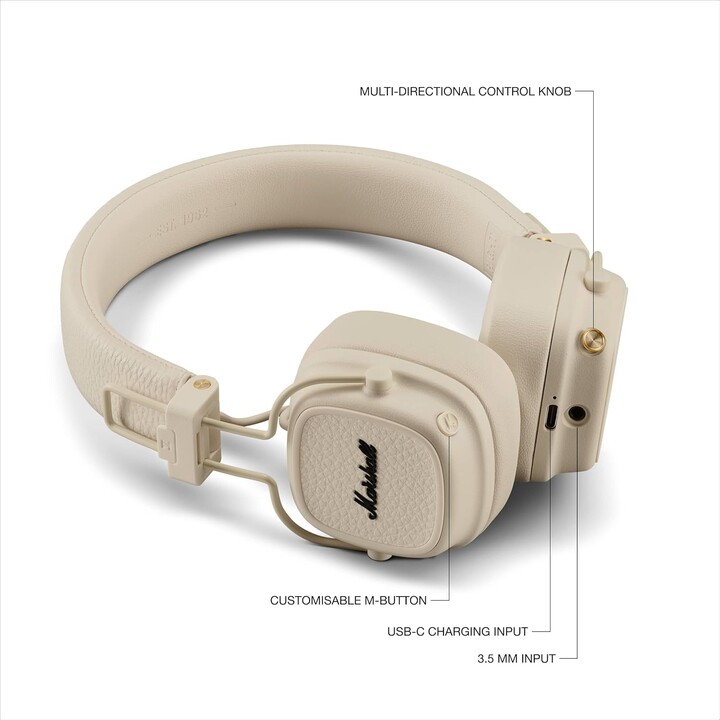 Marshall Major V Bluetooth Headphones, 100 Hours Playtime - Cream