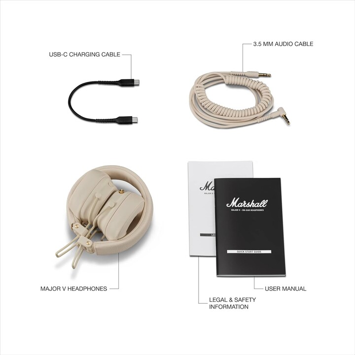 Marshall Major V Auriculares Bluetooth, 100 horas de tiempo de juego - Crema