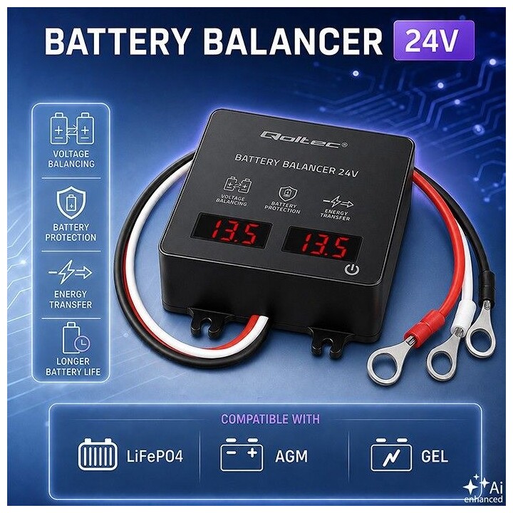 Balanceador de tensão para baterias de 24V (2x12V 5A) com LED.
