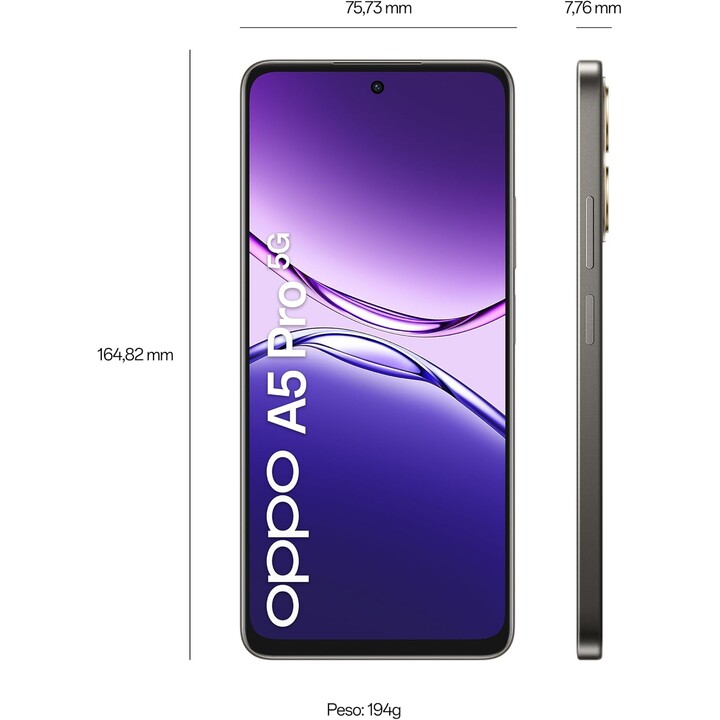 Oppo A5 Pro 5G, 8GB 256GB, MKT 6300, 6.67 Pantalla 120Hz, 50MP AI, 5800mAh, Marrón negro