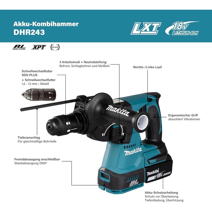 Makita DHR243Z, Martelo combinado sem fio (sem bateria/carregador, 18 V)
