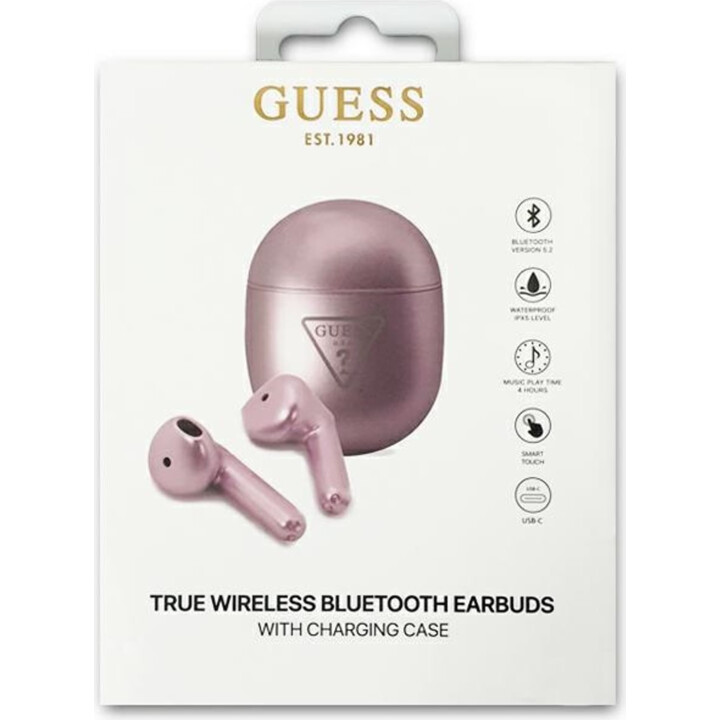 GUESS GUTWST82TRU auriculares TWS Bluetooth logótipo triângulo roxo