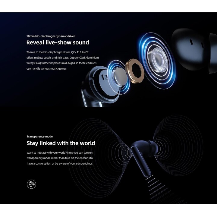 QCY T13 ANC2 TWS ANC Bleu - Ecouteurs Bluetooth