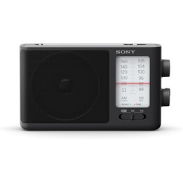 SONY portable analog AM/FM radio with built-in carrying handle, headphone jack, and AC adapter