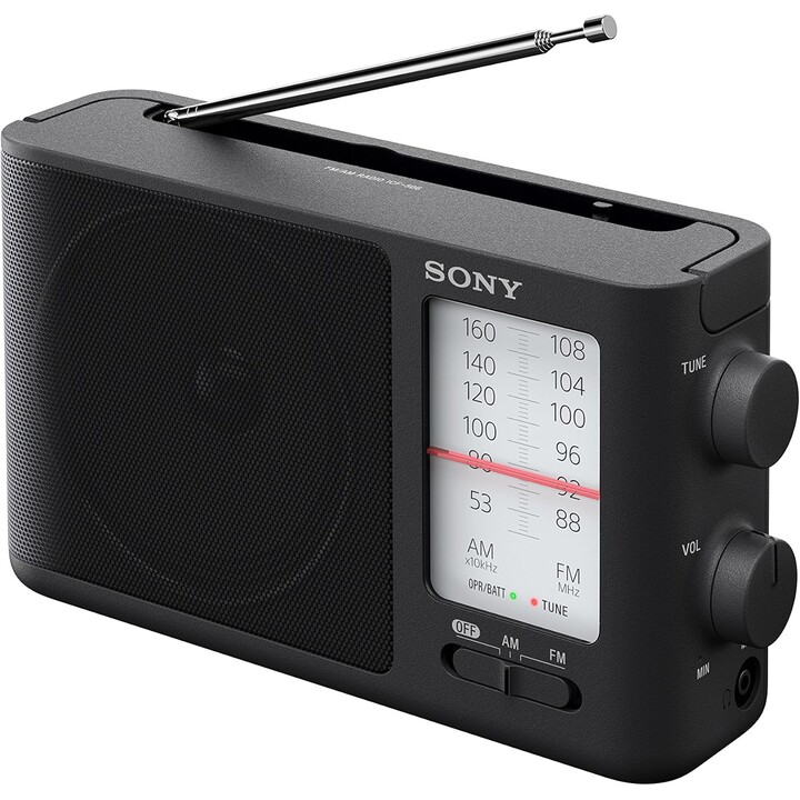 Rádio AM/FM analógico portátil da Sony com alça de transporte embutida, fone de ouvido e adaptador CA
