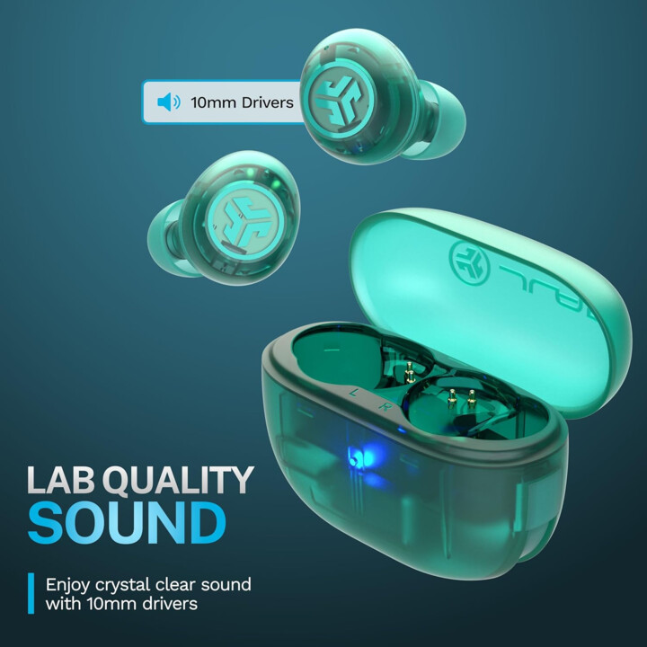 JLAB GO POP ANC Vraie Wireless Earbuds and Charging Case, Transparent Teal