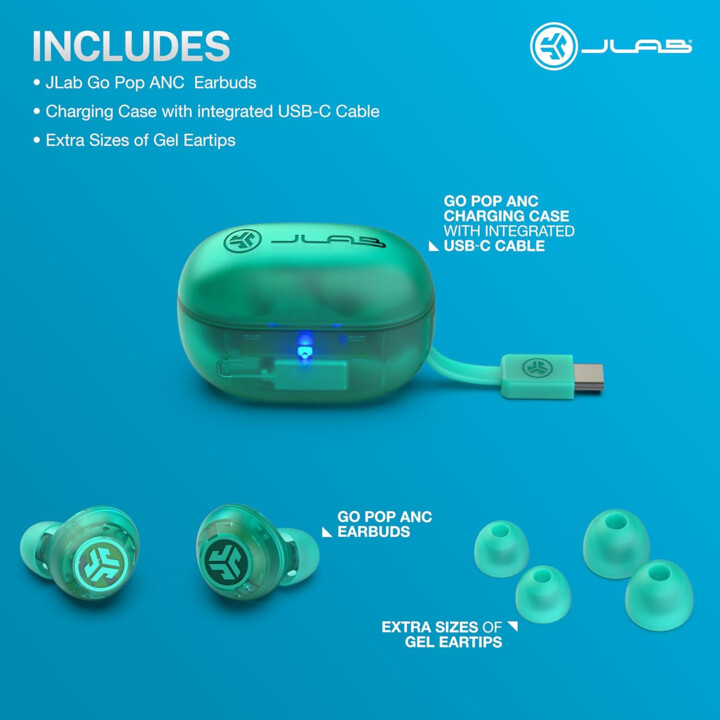 JLab Go Pop ANC True Wireless Earbuds and Charging Case, Transparent Teal