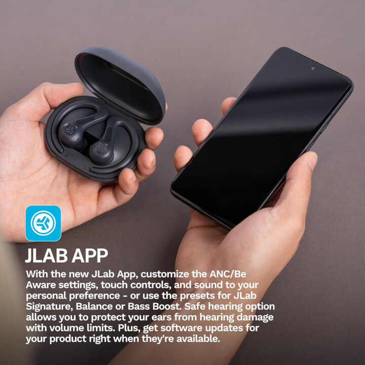 JLab JBUDS Sport ANC 4 True Wireless Bluetooth Ohrhörer Ladekoffer Graphit