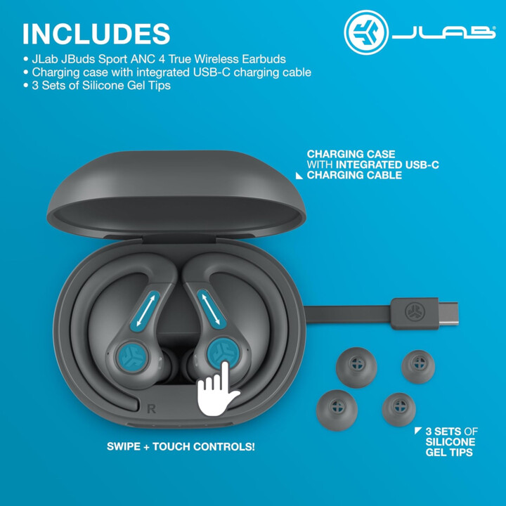 Auriculares inalámbricos Bluetooth JLAB JBUDS SPORT ANC 4 con estuche de carga, color grafito