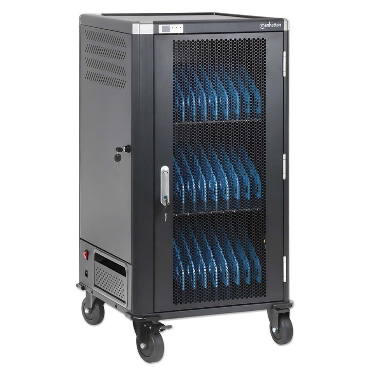 Carrello di ricarica Manhattan per 30 laptop (fino a 16"), ricarica tramite adattatori CA (UE) (richiede l'installazion