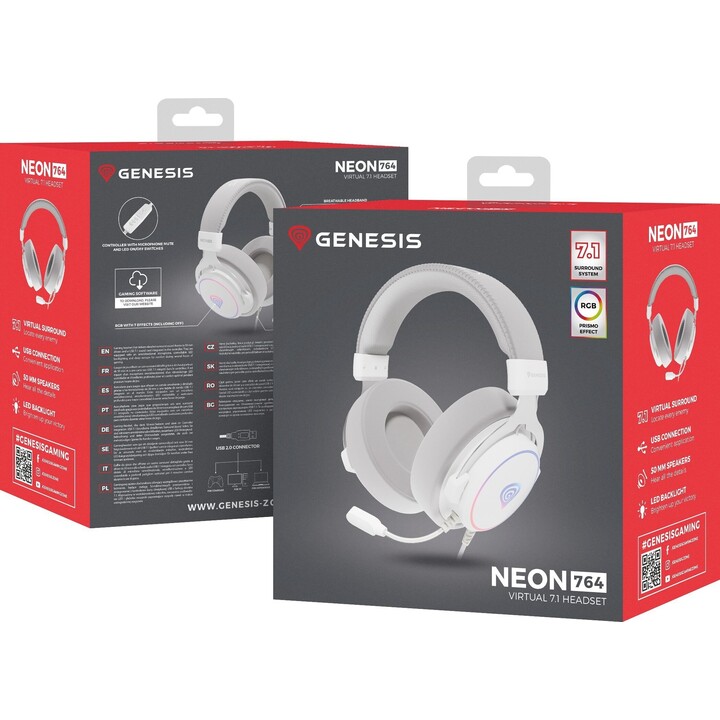 Genesis Neon 764 RGB Over-Ear Headphones with Microphone Backlight White USB