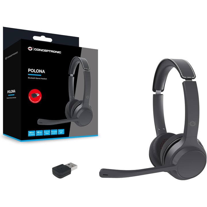 Conceptronic POLONA04BA - Casque stéréo Bluetooth avec adaptateur audio USB, microphone antibruit