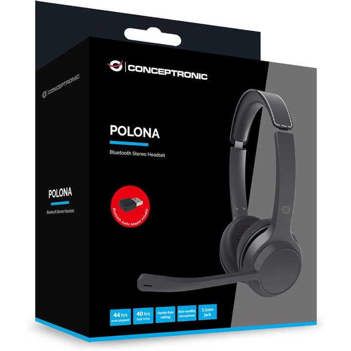 Conceptronic POLONA04BA - Auriculares Estéreo Bluetooth con Adaptador de Audio USB, Micrófono con Cancelación de Ruido