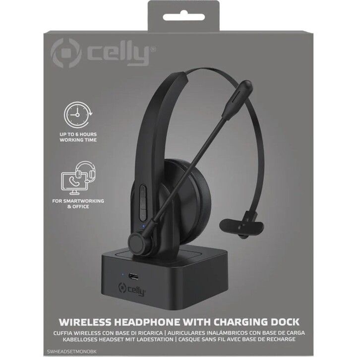 Celly SWHEADSETMONO Fones de ouvido mono sem fio, pretos, faixa de cabeça ajustável