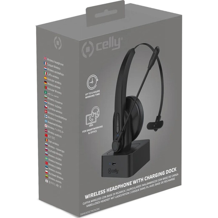 Celly SWHEADSETMONO Fones de ouvido mono sem fio, pretos, faixa de cabeça ajustável