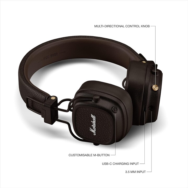 Marshall Major V Écouteurs Bluetooth, 100 heures Playtime - Brun