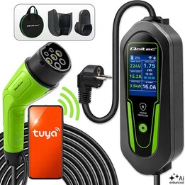 Cargador Qoltec para coches eléctricos e híbridos con regulación 2 en 1 Tipo 2 | 3,5 kW | 230 V | SCHUKO 16 A | Wi-Fi | Tuya | S