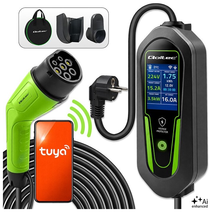 Qoltec Ładowarka do samochodu elektrycznego EV i hybryd z regulacją 2w1 Typ2 | 3.5kW | 230V | SCHUKO 16A | Wi-Fi | Tuya | Smart 