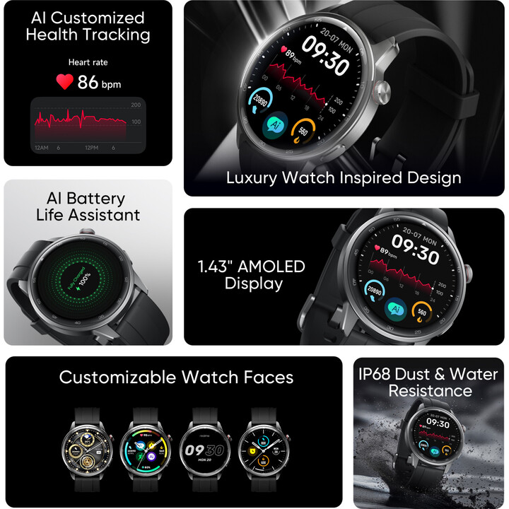 Realme Watch S2, montre intelligente à écran AMOLED 1,43, moteur Super AI, batterie de 20 jours, noir