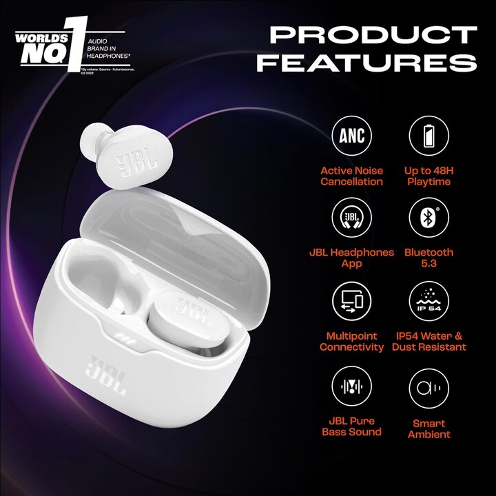 Auriculares JBL Tune Buds, Bluetooth e Inalámbricos, Resistentes al Agua y Cancelación de Ruido, Blancos