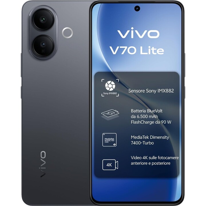 Vivo V70 Lite 5G, 6 GB 128 GB, AMOLED da 6,77 pollici, 6500 mAh, nero