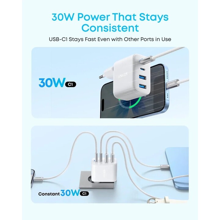 Caricabatterie rapido Anker Zolo Dual USB-A + Dual USB-C 50W bianco
