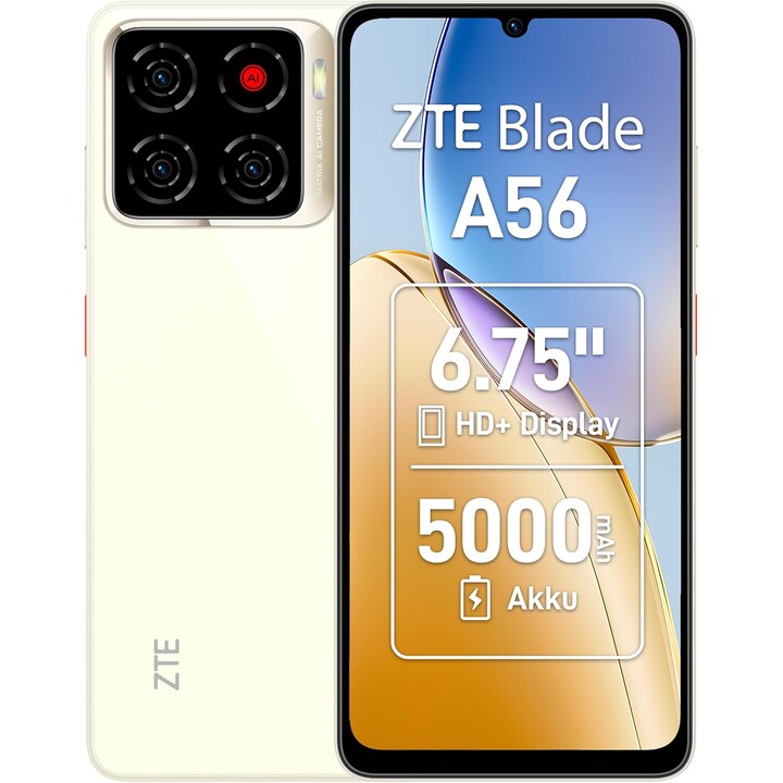ZTE Blade A56, 4GB RAM + 64GB, 6.75-inch HD+ Display (90Hz), 13MP + 8MP AI Camera, 4G Dual SIM, Gold