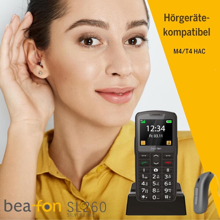 Beafon SL260 Silverline, Bartype, teléfono senior, botón de emergencia MOT SOS, 5.59 cm (2.2), negro